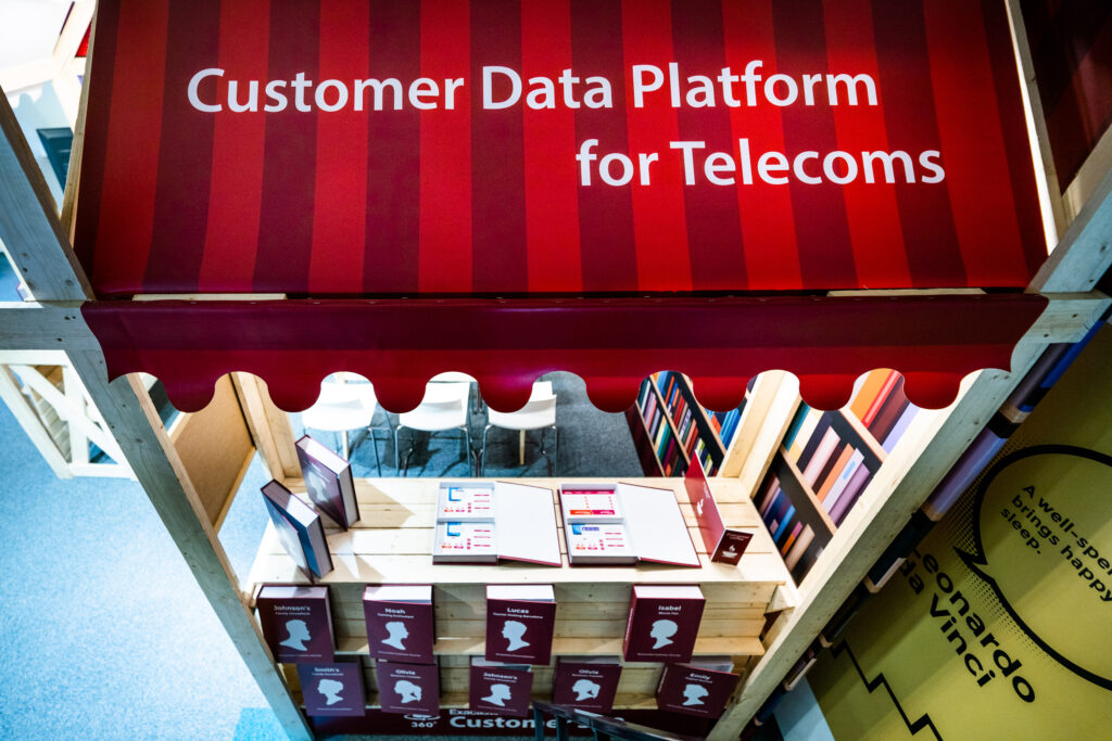 Exacaster vintage bookstore booth with customer data platform slogan 